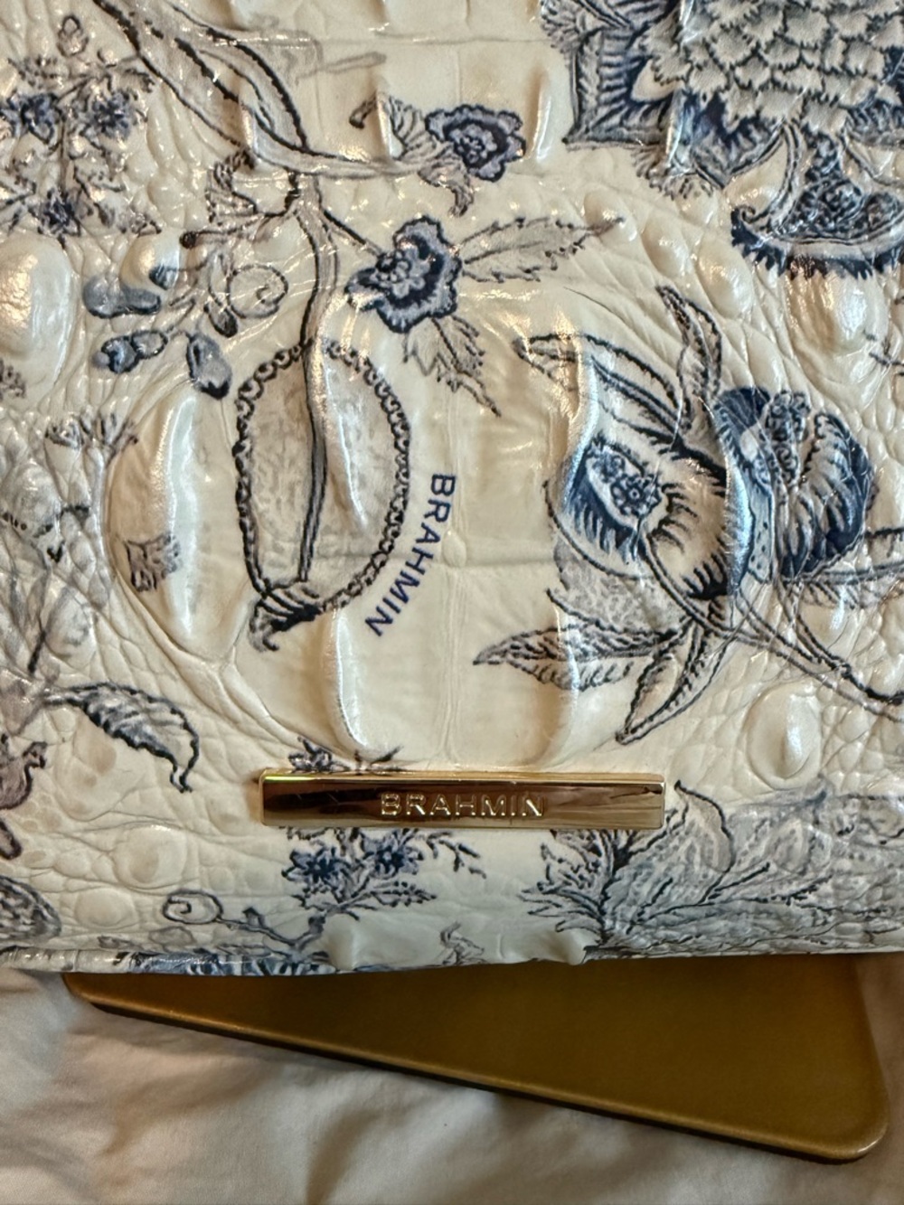 Brahmin Cream and Blue Floral Embossed Shoulder Bag - Picture 3 of 14